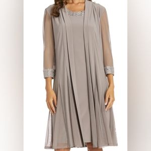 R & M Richards Shift Dress with Embellished Neckline & Sheer Jacket Size 6 Taupe